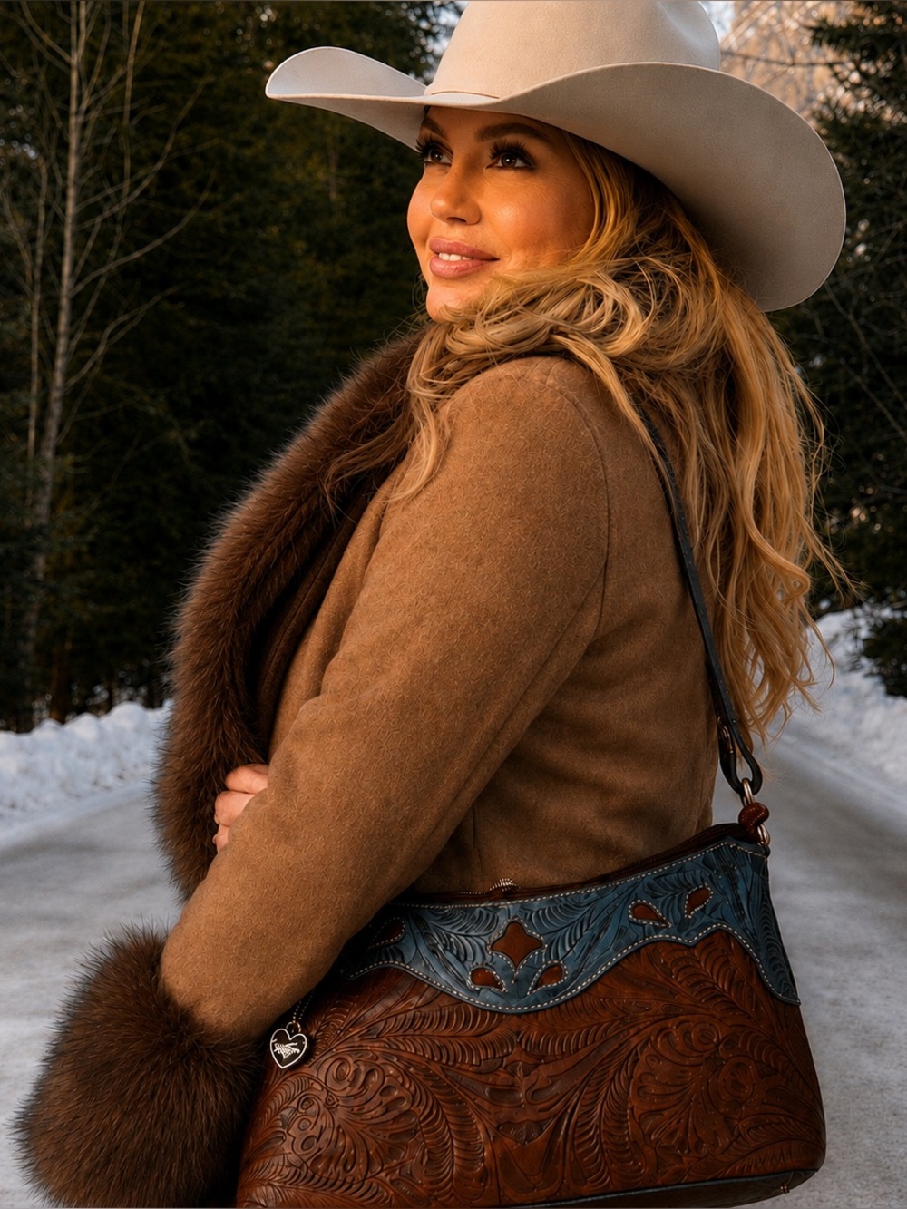 American West Brown and Blue Western Tooled Leather Shoulder Bag